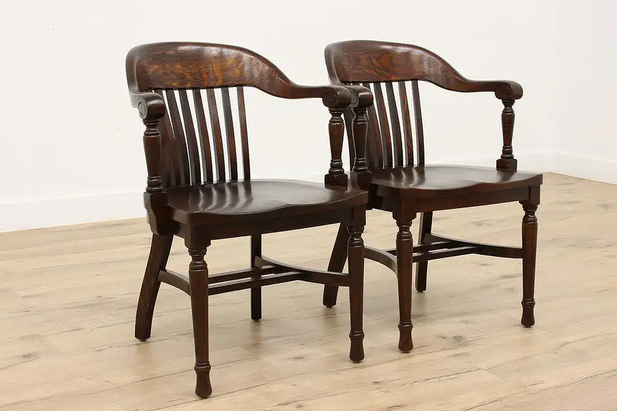 Main image of Pair of Traditional Antique Oak Banker Desk Chairs, Welch