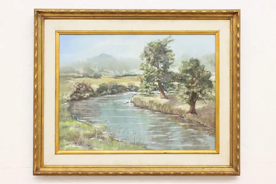 Main image of Summer River & Fields Antique Original Oil Painting Hall 31"