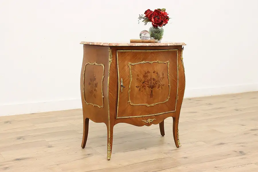 Main image of Italian Bombe Vintage Marble Top Marquetry Chest or Dresser