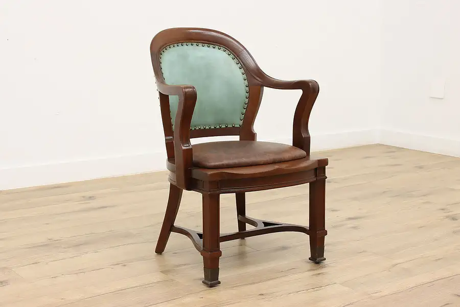 Main image of Leather & Mahogany Antique Banker, Office or Desk Chair