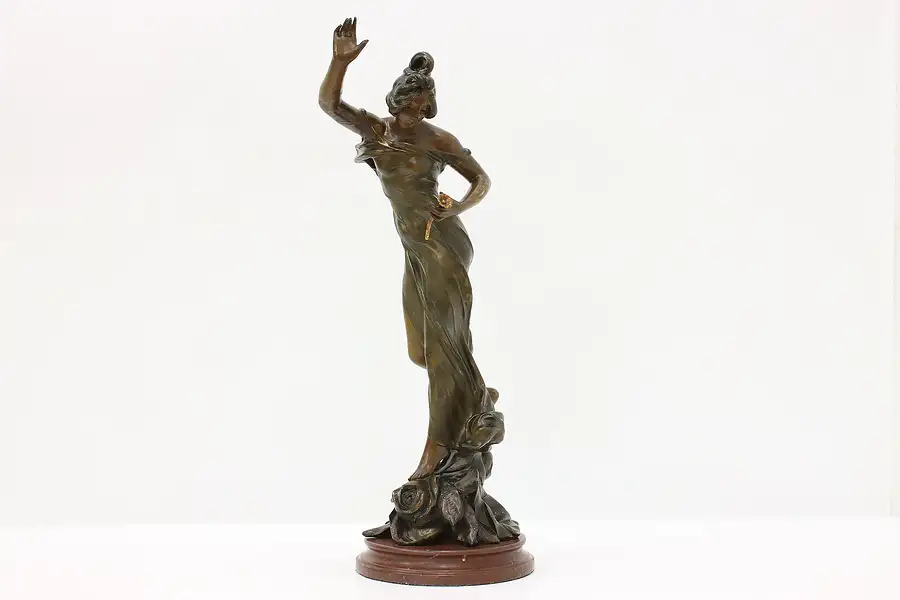 Main image of French Art Nouveau Antique Sculpture Woman w/ Roses, Causse