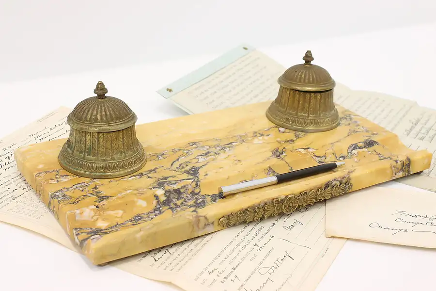 Main image of Marble & Bronze German Antique Desk Double Inkwell Set