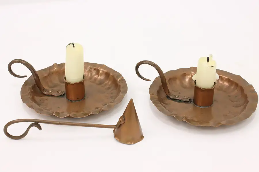 Main image of Pair of Farmhouse Antique Copper Candlesticks & Snuffer