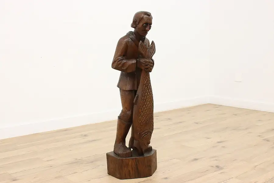 Main image of Folk Art Sculpture Antique Carved Oak Fisherman Statue