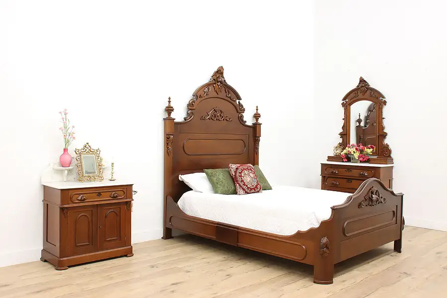 Main image of Victorian Antique Walnut & Marble 3 Pc Bedroom Set Queen Bed