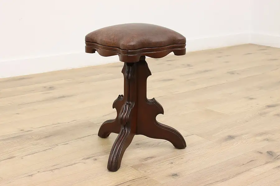 Main image of Victorian Antique Swivel Piano Organ Stool Leather Seat