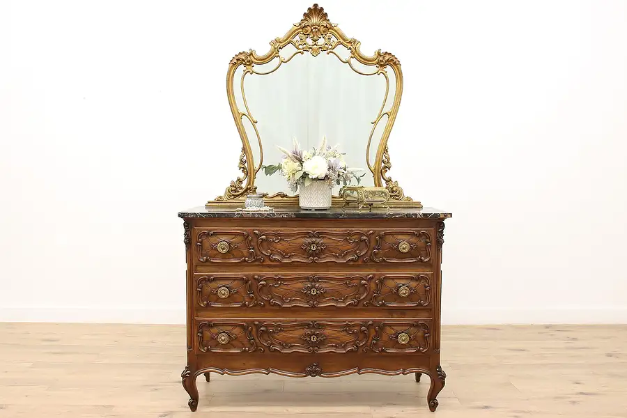 Main image of Italian Antique Walnut Chest or Dresser & Mirror, Marble