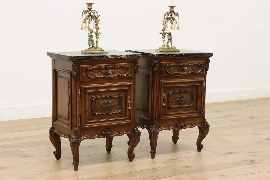 Main image of Pair of Italian Antique Walnut Nightstands End Tables Marble