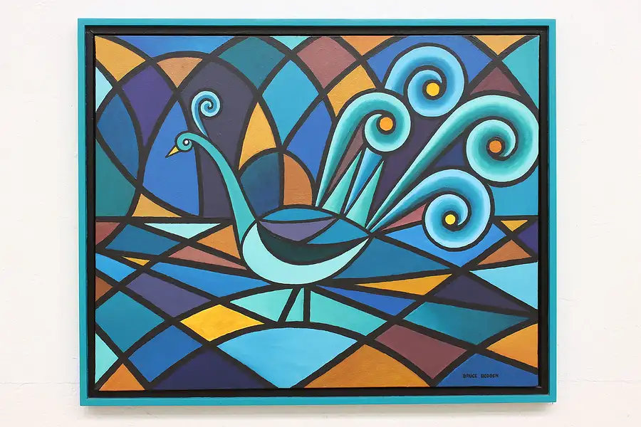 Main image of Teal Peacock Vintage Original Acrylic Painting, Bodden 32.5"