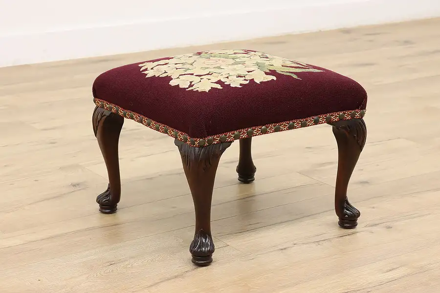 Main image of Georgian Vintage Carved Footstool Bench, Floral Needlepoint