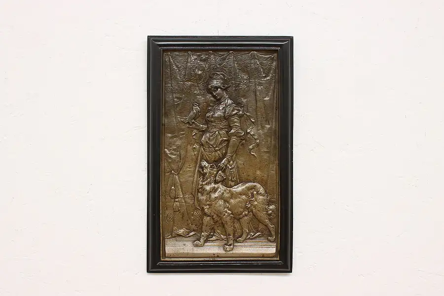 Main image of Victorian Antique Cast Iron Wall Relief Plaque, Woman & Dog