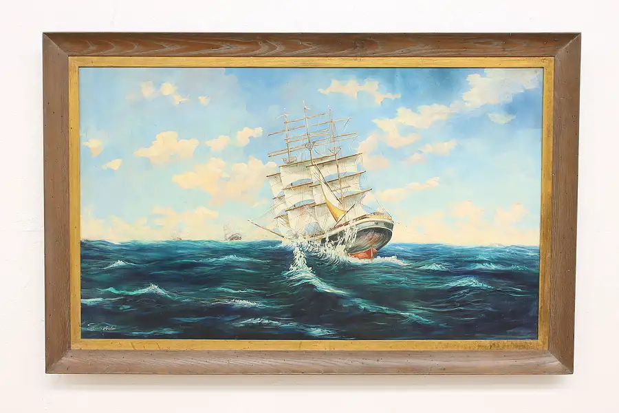 Main image of Sailing Ship Vintage Original Oil Painting, Signed 63"