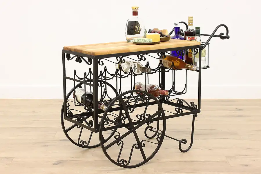 Main image of Farmhouse Vintage Wrought Iron Rolling Wine Cheese Bar Cart