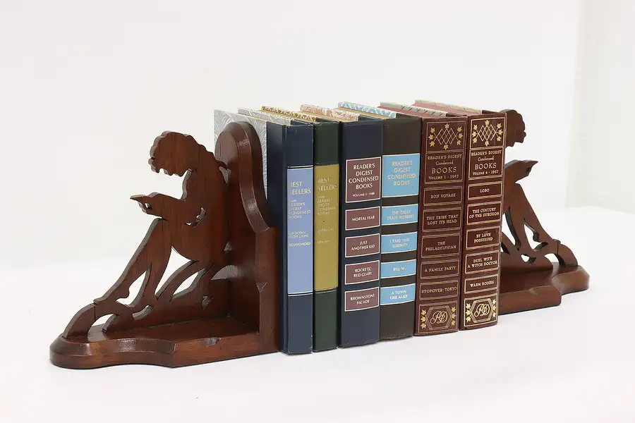 Main image of Pair of Vintage Mahogany Woman Reading Bookends