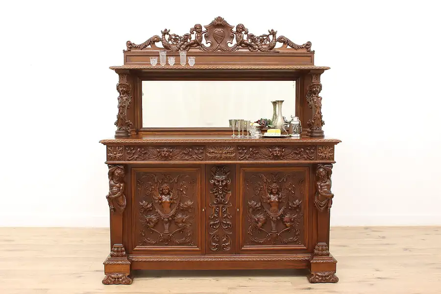 Main image of Renaissance Mahogany Antique Sideboard Buffet Server Dragons