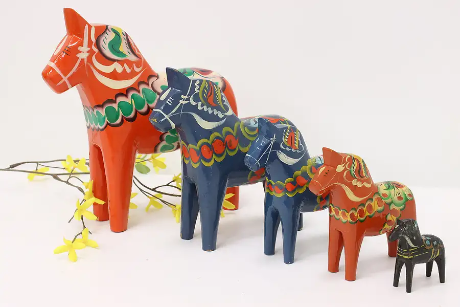 Main image of Set of 5 Swedish Vintage Hand Painted Dala Toy Horses