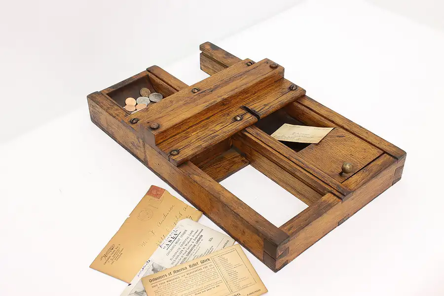 Main image of Oak Antique Sliding Movie Ticket & Money Exchange Drawer