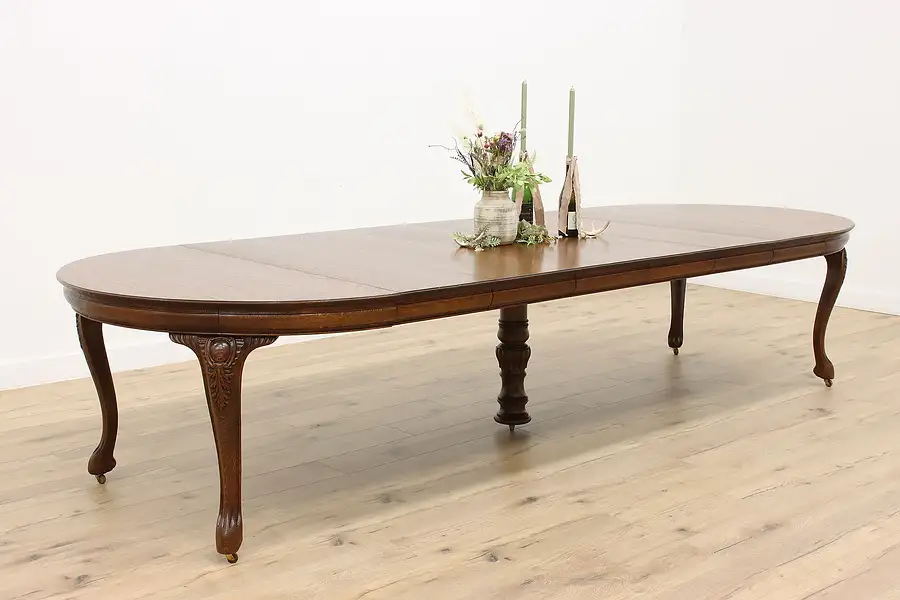 Main image of Victorian Antique Oak 54" Dining Table, 6 Leaves extends 12'