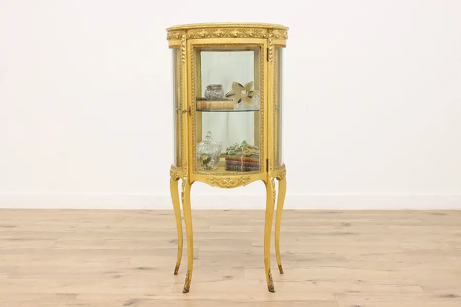 Main image of French Gold Leaf Curved Glass Antique China Curio Cabinet