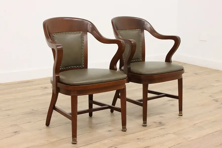 Main image of Pair of Antique Walnut & Leather Banker Office Desk Chairs