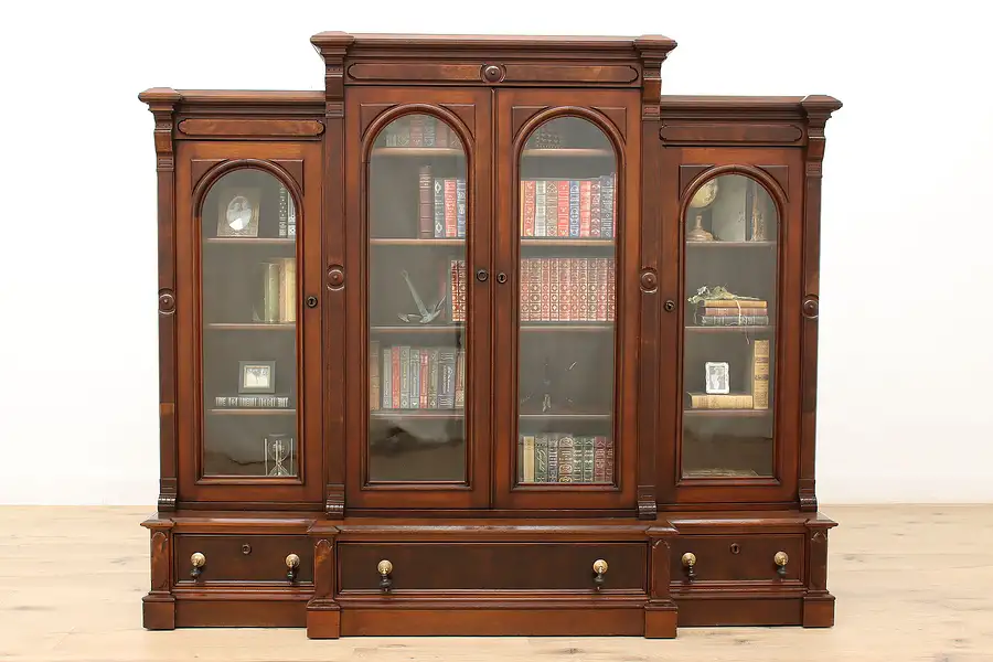 Main image of Victorian Antique Walnut & Burl 4 Door Office Bookcase