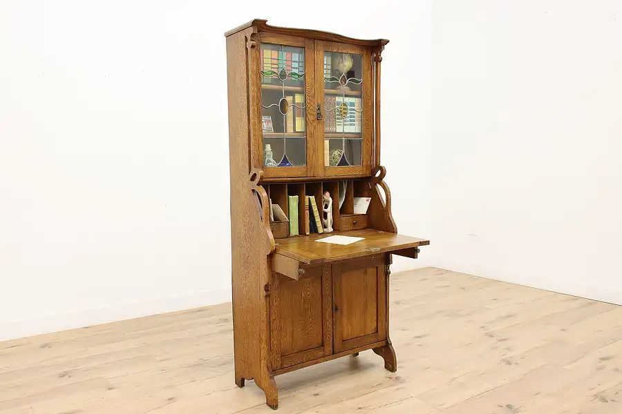 Main image of Oak Antique Drop Front Secretary Desk, Bookcase Leaded Glass