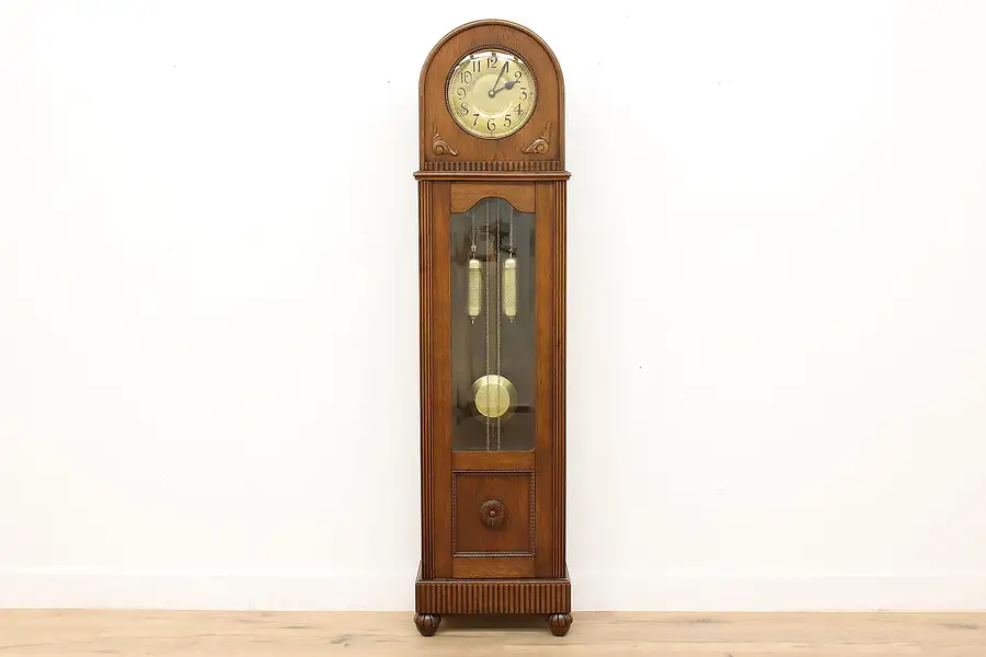 Main image of German Antique Art Deco Carved Oak Tall Case Clock, Urgos