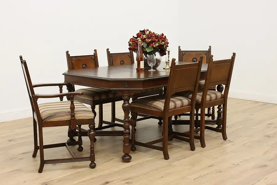 Main image of Tudor Antique Dining Set, Table & 6 Chairs, 3 Leaves, Berkey