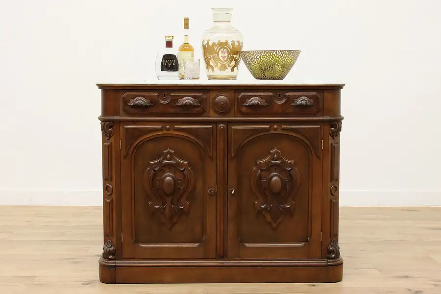 Main image of Victorian Marble & Walnut Antique Sideboard or Bar Cabinet