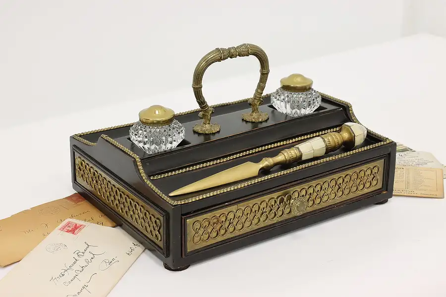 Main image of Victorian Antique Ebony Desktop Inkstand 2 Inkwells, Drawer