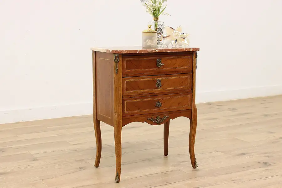 Main image of French Antique Marquetry Chest Nightstand Marble Top, Colbys