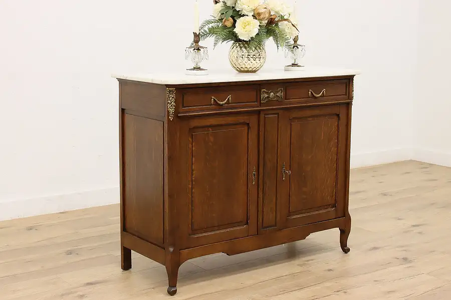 Main image of French Antique Oak Sideboard Server or Bar Cabinet, Marble