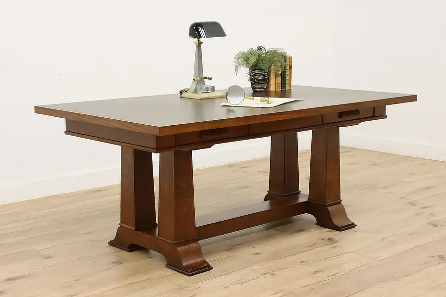 Main image of Craftsman Antique Oak Office Conference Library Table, Desk