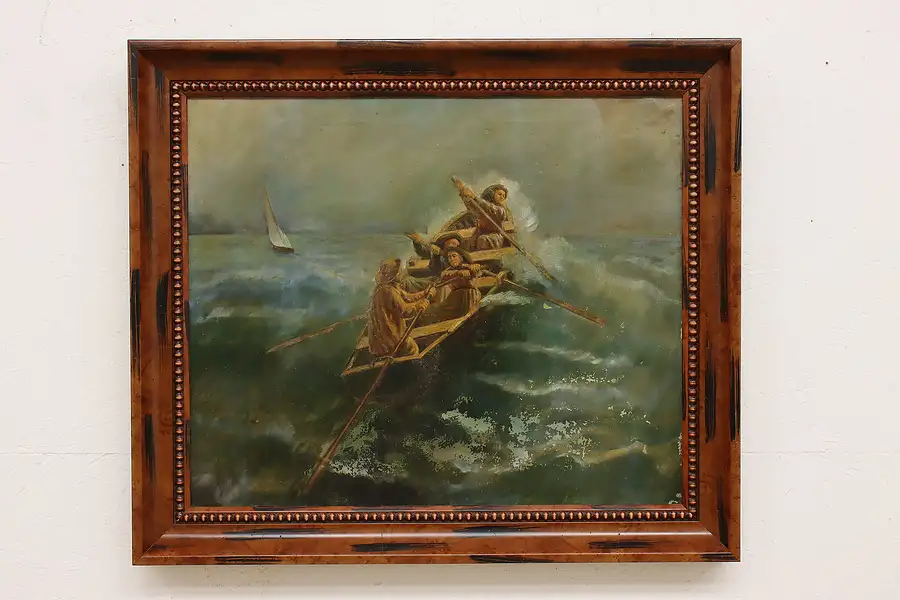 Main image of Sailors at Sea Antique Original Oil Painting, Signed 36"