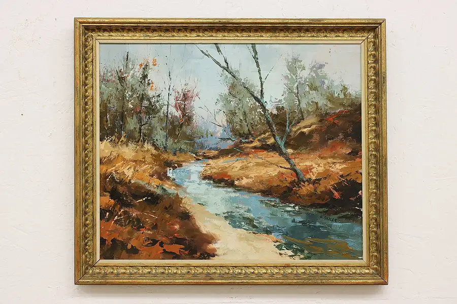 Main image of Fall Forest River Vintage Original Oil Painting Sadler 28.5"