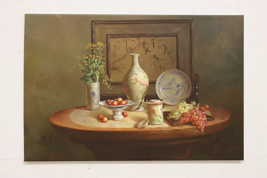 Main image of Vases & Fruit Vintage Original Oil Painting, Signed 36.5"