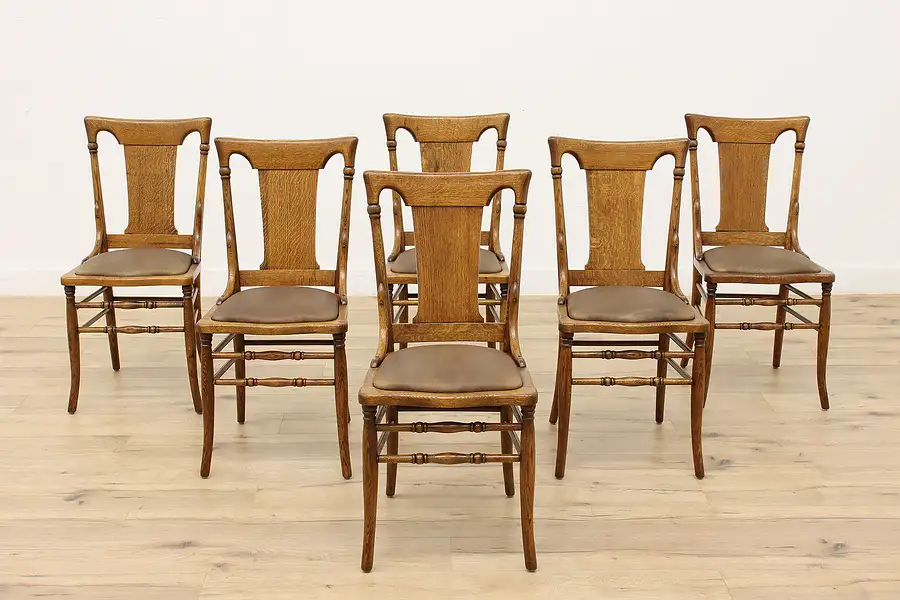 Main image of Set of 6 Victorian Farmhouse Oak Dining Chairs, New Leather