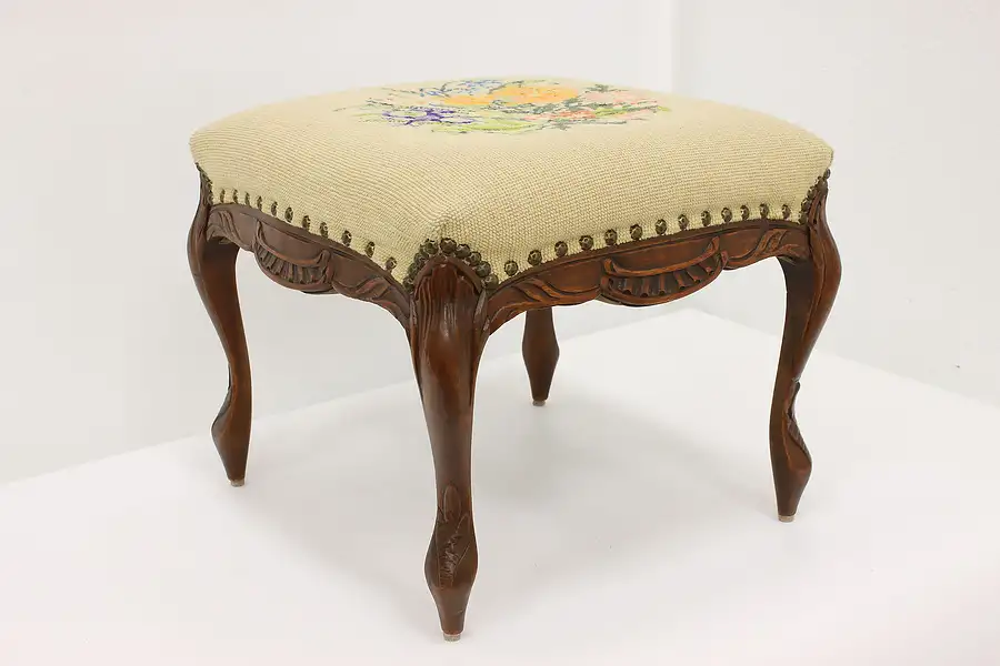 Main image of Traditional Vintage Carved Walnut Footstool or Bench, Needlepoint