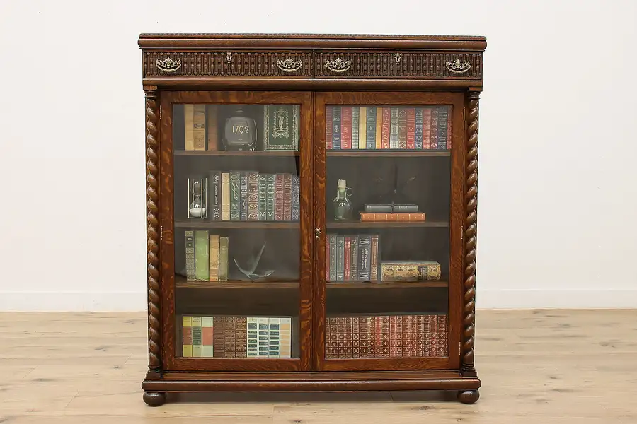 Main image of Victorian Oak Antique Office Library Bookcase Spiral Columns