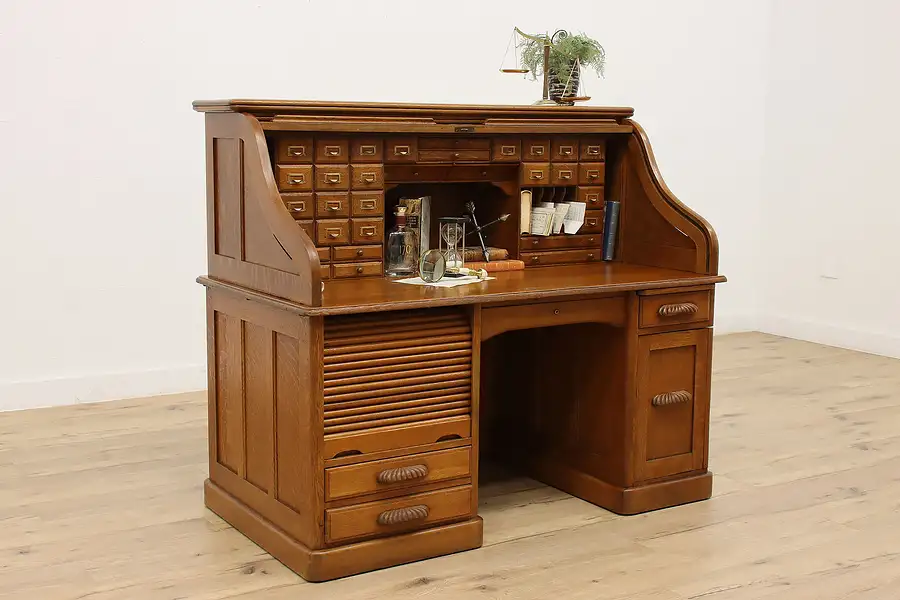 Main image of Victorian Antique Oak Roll Top Rotary File Office Desk, Moon