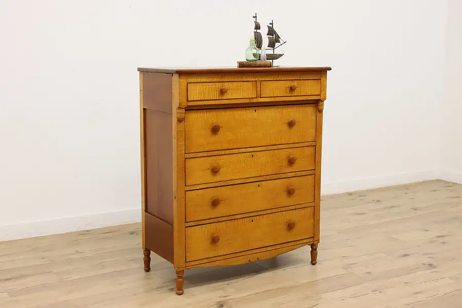 Main image of Cherry & Curly Tiger Maple Antique 1830s Chest or Dresser