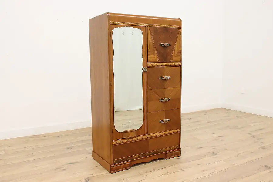 Main image of Art Deco Vintage Walnut Closet, Chifferobe, Armoire & Mirror