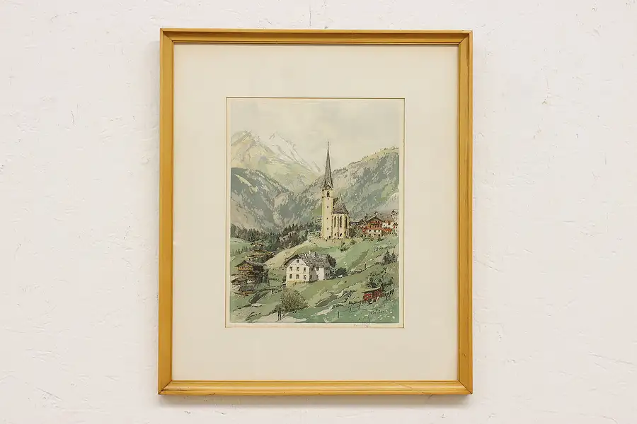 Main image of Austrian Alps Village Vintage Original Etching Figuera 19.5"