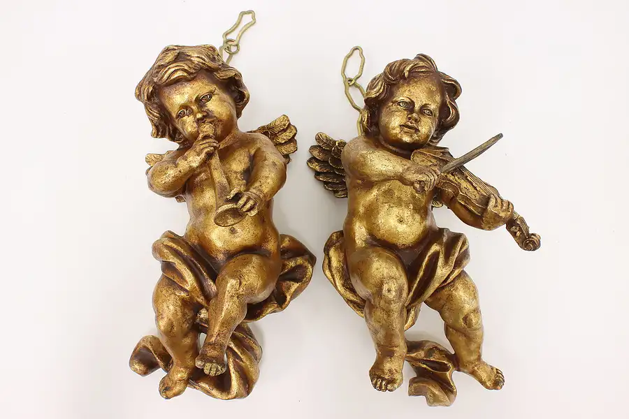 Main image of Pair of Antique Carved Gold Musical Cherub Angel Sculptures