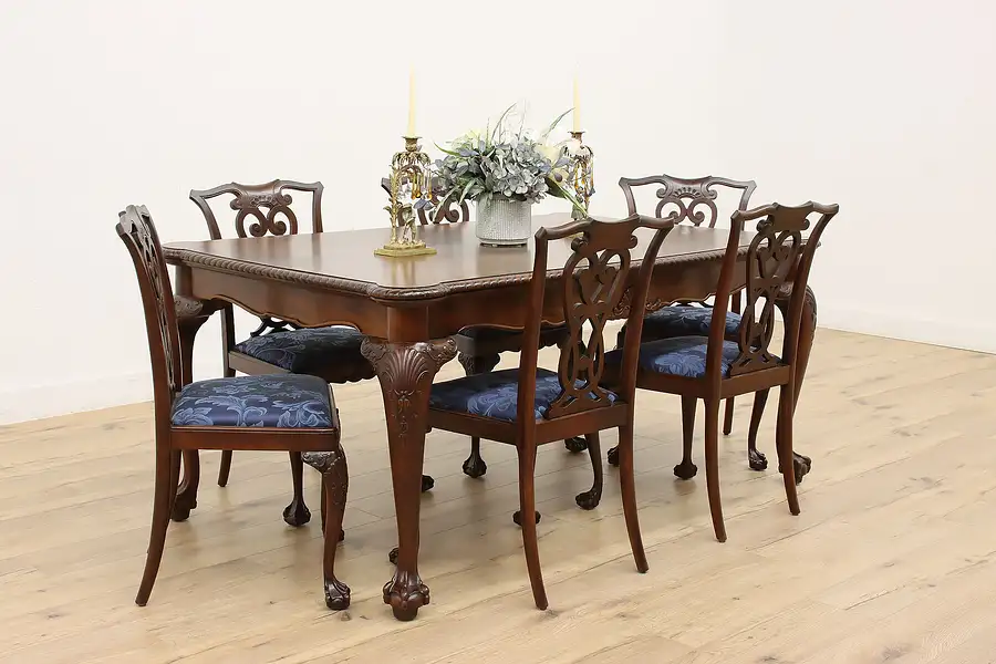 Main image of Georgian Vintage Carved Dining Set, Table & Leaves, 6 Chairs