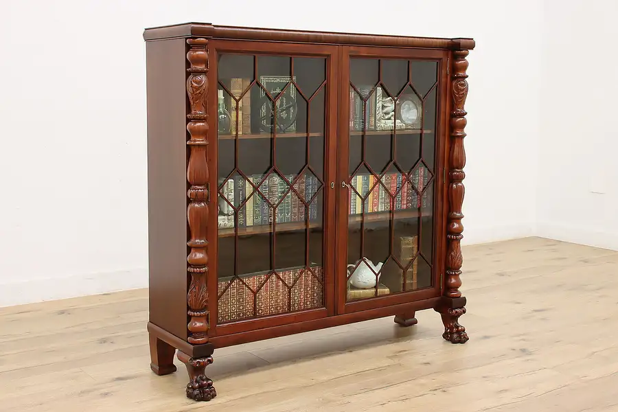 Main image of Empire Antique Mahogany Bookcase, Acanthus Carved, Paw Feet