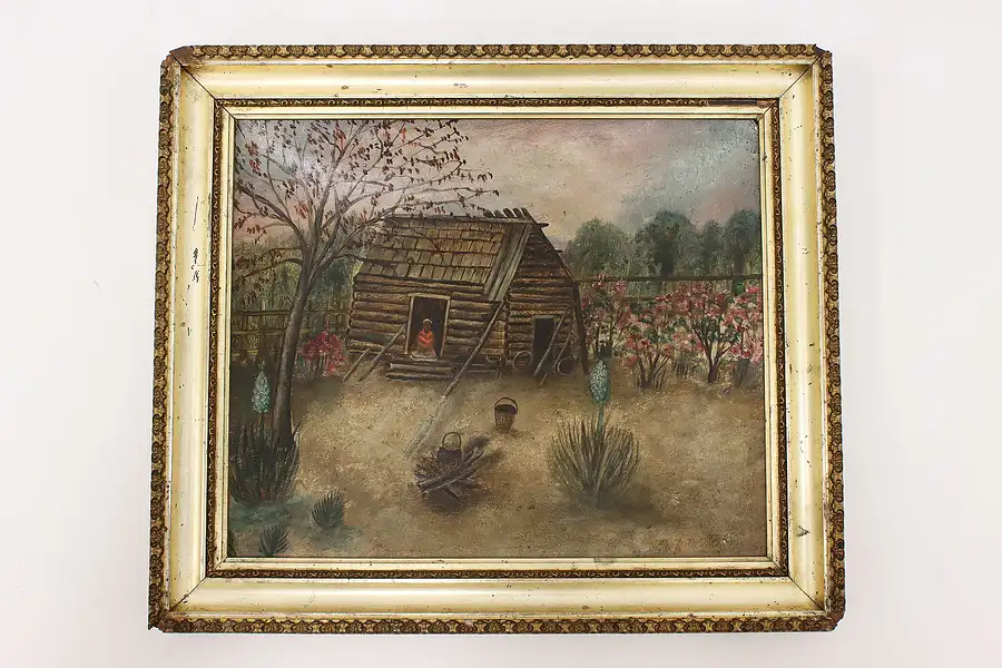 Main image of Folk Art Woman & Cabin Antique Original Oil Painting 15"