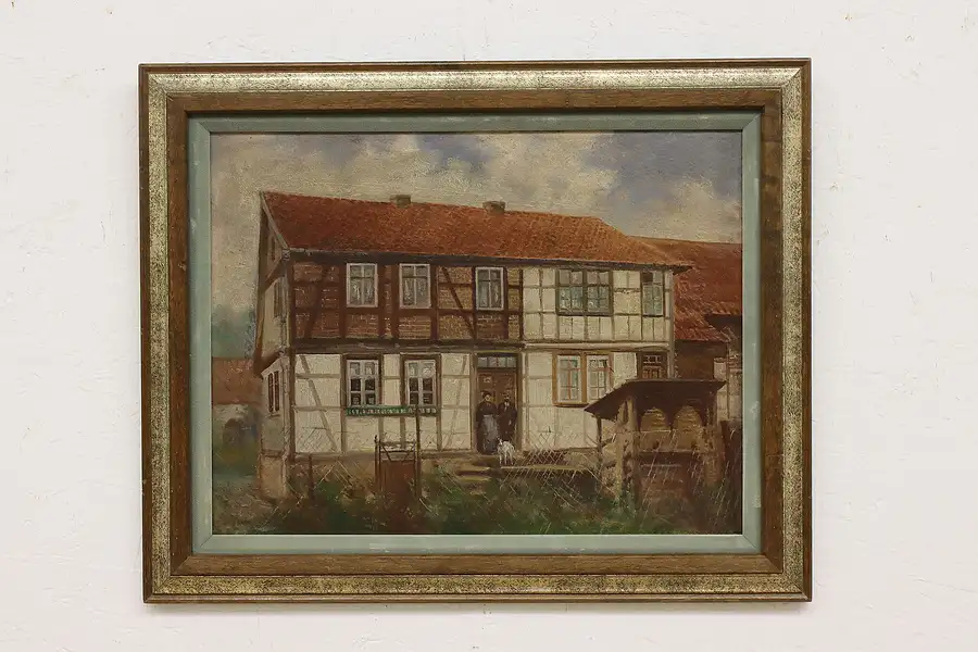 Main image of English Cottage Portrait Antique Original Oil Painting 23"