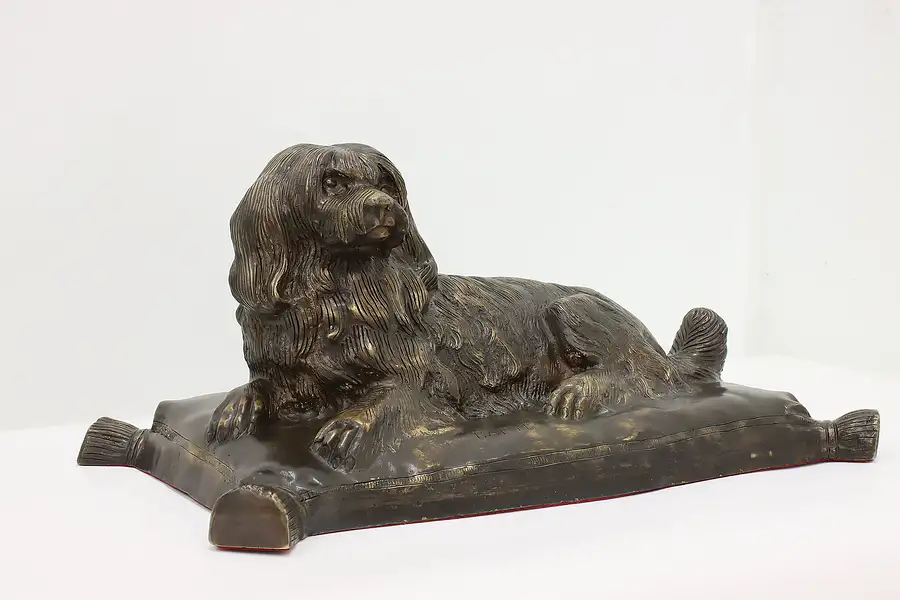 Main image of French Antique Bronze Dog on Pillow Sculpture, Barye