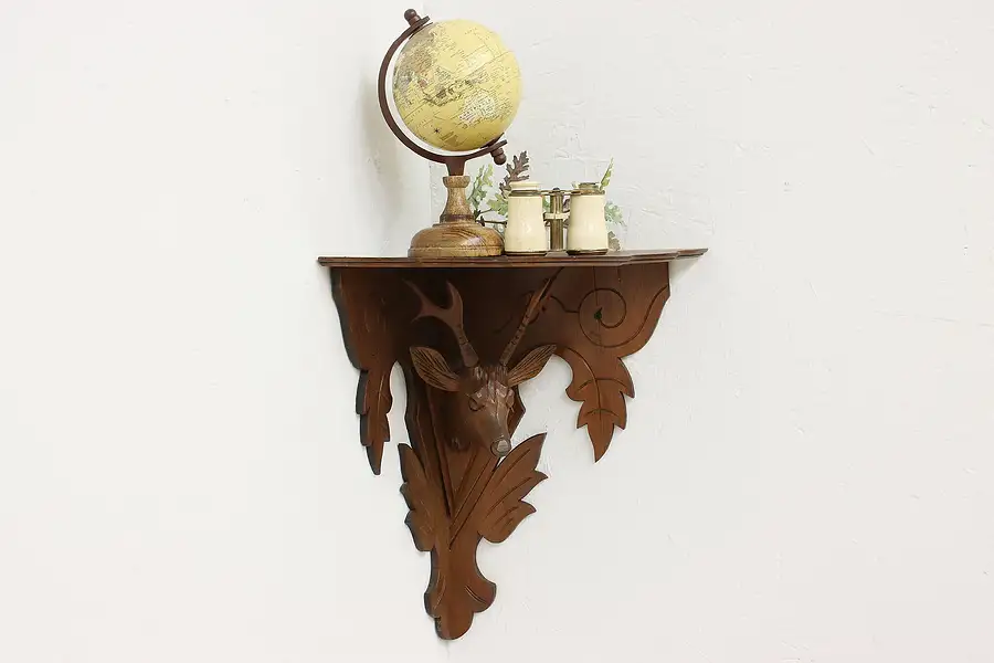 Main image of Farmhouse Vintage Carved Stag Head Walnut Corner Wall Shelf